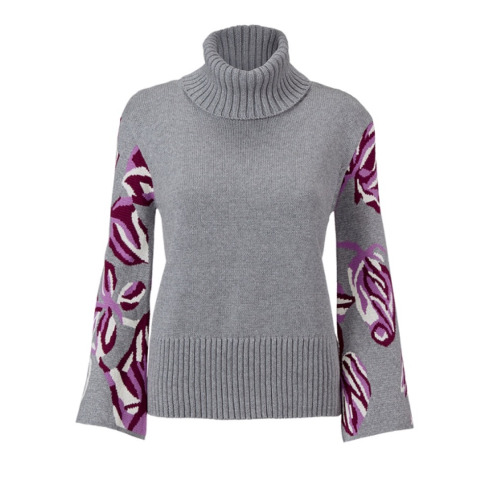 CAbi Gray Cowlneck Sweater with Purple Floral Sleeves